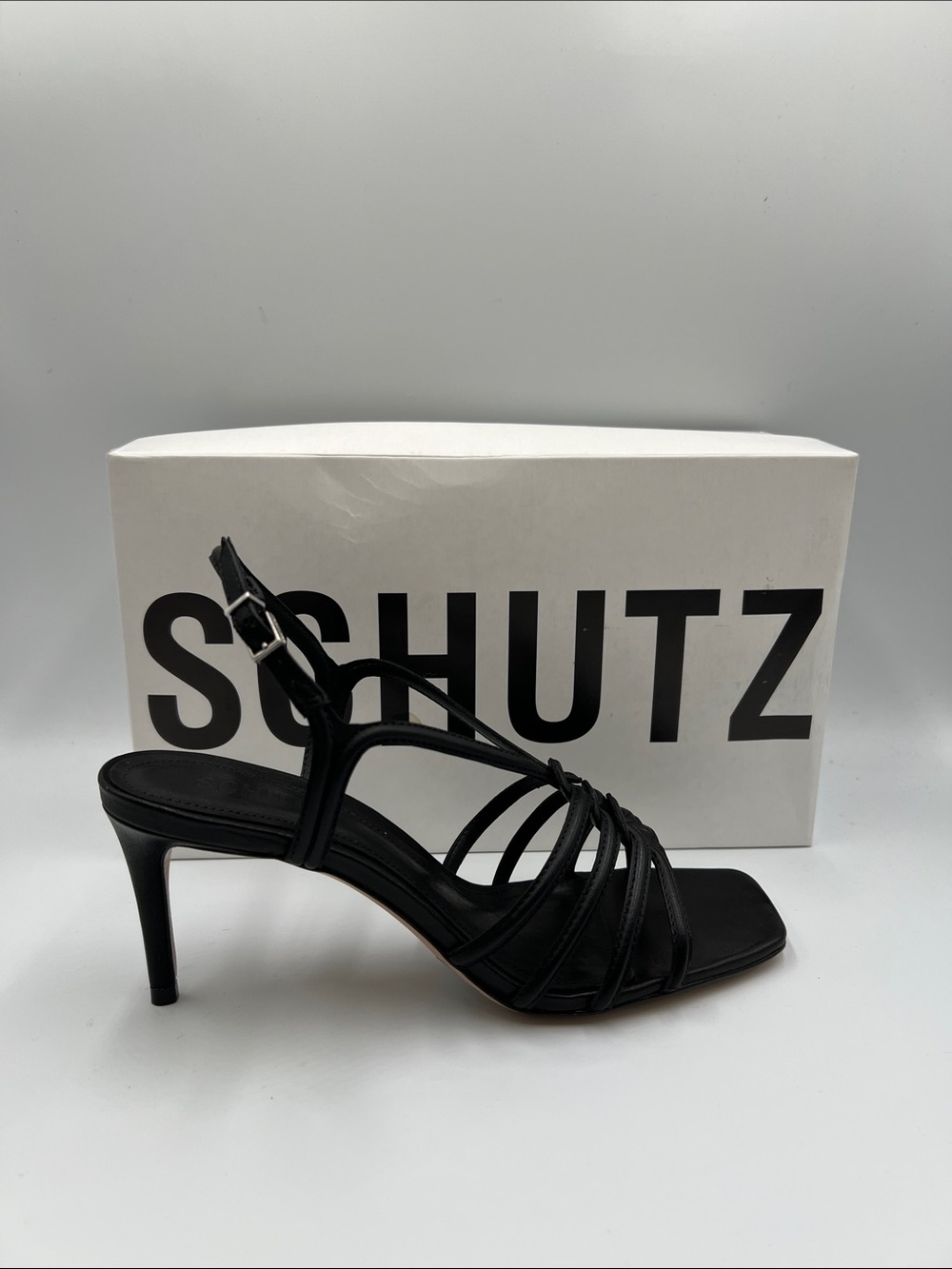 Schutz Octavia strappy sandal shoe black heel stiletto Brazil square toe new 8